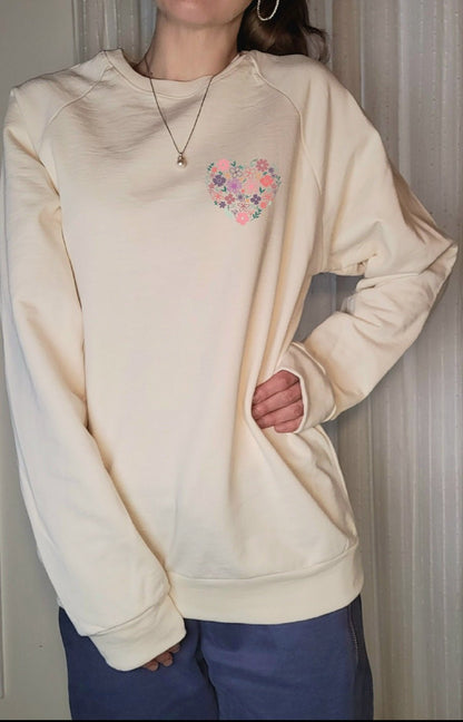 Cotton Crewneck Sweatshirt |Floral Heart|In Natural - Love MaMa'S Earth